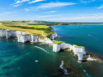 White Cliffs of Old Harry Rocks Jurassic Coast from a drone, Dorset Coast, Poole, England, United