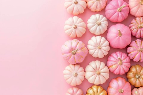 Top view of pink and golden pumpkins on side of pastel pink background with copy space. Generative