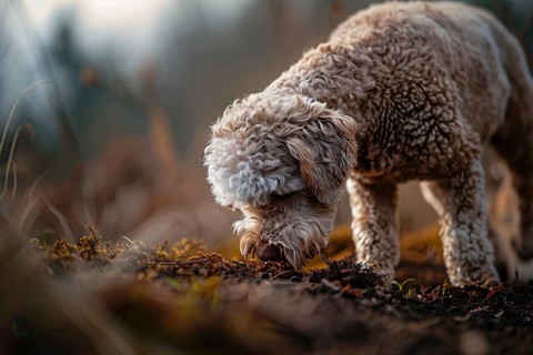 Lagotto Romagnolo dog searching for truffles in forest. Generative Ai, AI generated