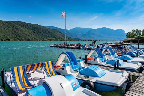 Boat hire, pedal boats, Gretl am See lido on Lake Kaltern, near the village of Kaltern, in the