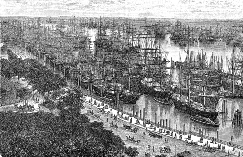 The harbour of Hamburg, Germany, in 1880, Historical, digital reproduction of an original from the