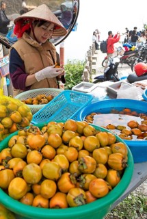 Vietnamese woman peeling khaki fruit at Heavens Gate, Ha Giang province, Vietnam, Asia