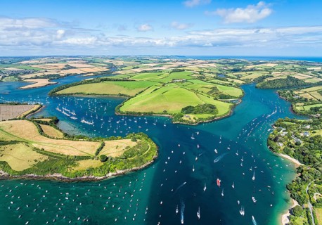 Salcombe and Mill Bay over Kingsbridge Estuary from a drone, Batson Creek, Southpool Creek, Devon,
