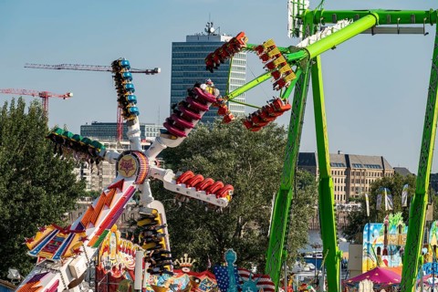 The Rhine Fair in Düsseldorf, in the Rhine meadows in the Oberkassel district, on the Rhine, North