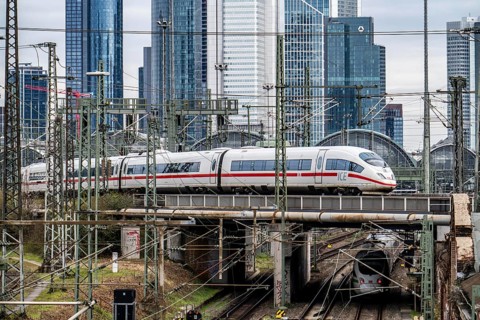 ICE train on the track in front of the main station of Frankfurt am Main, Skyline, Hesse, Germany,
