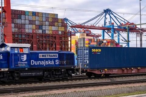 Port of Hamburg, Waltershofer Hafen, container ships, goods train brings and collects freight