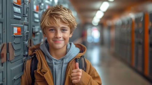 Cute caucasian school boy giving a thumbs up in the hallway of his school. generative AI, AI