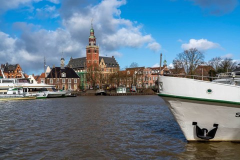 Skyline of the old town, on the Leda, town hall, museum harbour, old town houses, Leer, East