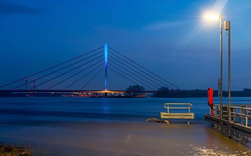 The Rhine bridge in Wesel, Lower Rhine bridge, road bridge of the federal road B58, evening