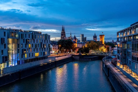 Skyline with Cologne Cathedral, Gross St. Martin Catholic Church, Malakoff Tower, Rheinauenhafen