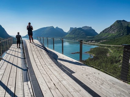 Platform, viewpoint, panorama view over the fjord Bergsfjord, Senja, Norway, Europe