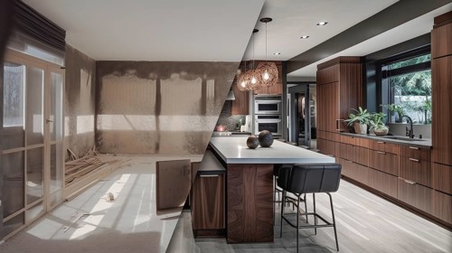 Luxurious custom kitchen upgrade interior before and after construction, generative AI, AI