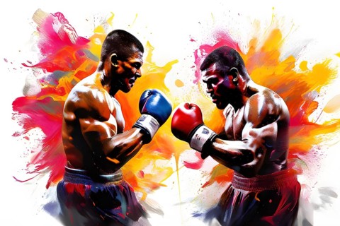 Illustration of dynamic boxing fighters mid action on a vibrant splash paint background, AI