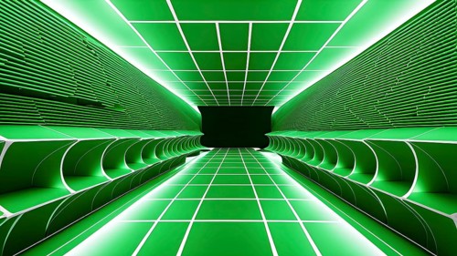 Abstract geometric pattern tunnel structure embodying data streams and communication in green hues,