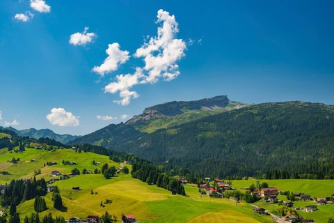 Panorama of Kleinwalsertal, with Hoher Ifen, 2230m Allgäu, Vorarlberg, Austria, Europe