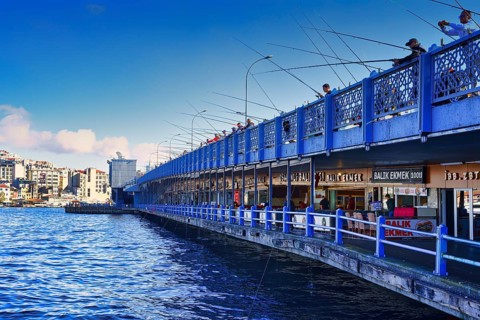 Fishermen on the Galata Bridge, Istanbul, Turkey, Asia