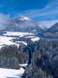 An idyllic snowy landscape with a road winding through the forest under a clear blue sky,