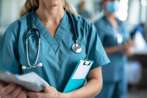 Female doctor with blue scrub and clipboard. KI generiert, generiert, AI generated