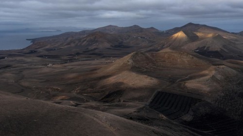 Volcanic landscape, aerial view, near Uga, Lanzarote, Canary Islands, Spain, Europe