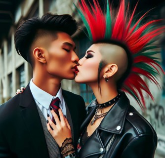 A female punk with a punk hairstyle, mohawk and leather clothes kisses a solid young man in a suit