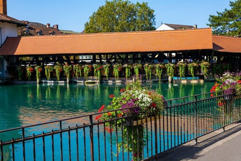 River Aare in City of Thun and Untere Schleuse Bridge in a Sunny Summer Day, Bernese Oberland, Bern