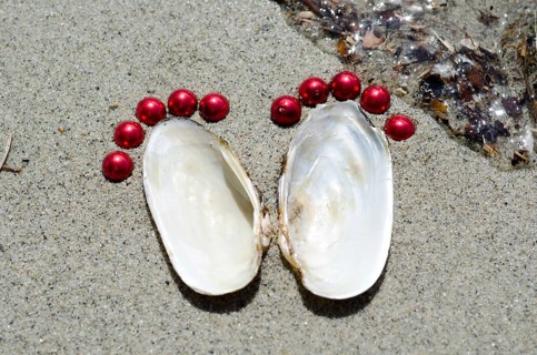 Footprints Made of Shells and Pearls in the Sand
