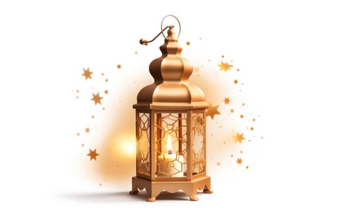 Golden Ramadan lantern on white background emits a warm glow, surrounded by sparkling stars,