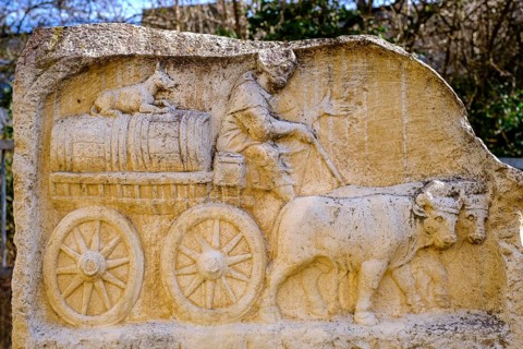 Roman half relief, ox cart with wine barrels, at the Afrawald, Roman Augsburg, Augsburg, Swabia,