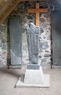 Replicas of ancient Celtic Christian crosses inside Cille Bharra chapel, Eoligarry, Barra, Outer