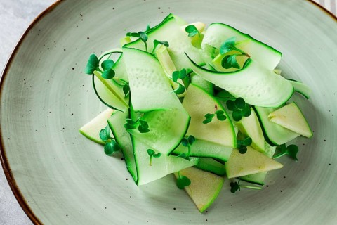 Spring, green salad, cucumber with apple, top view, close-up, no people, microselen radish, healthy