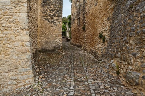 Natural stone walls and paths in La Roque-sur-Cèze, Département Gard, Occitanie region, France,