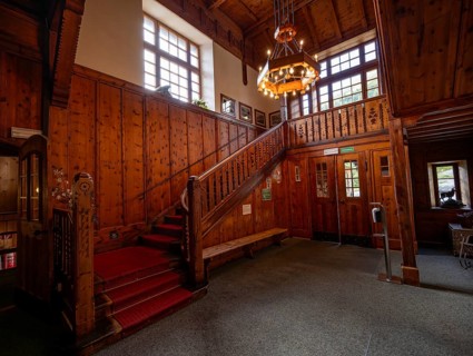 Historic entrance area and staircase in the Berliner Hütte, Alpine Club hut, Berliner Höhenweg,
