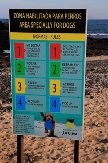 Notice sign of beach rules for area specially for dogs, Corralejo, Fuerteventura, Canary Islands,