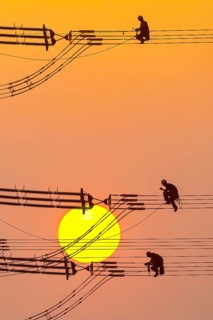 Photomontage, overhead line fitters working on a high-voltage pylon, overhead lines, energy,