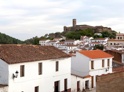 Tower and Moorish mosque above the village of Almonaster La Real, Sierra de Aracena, Huelva