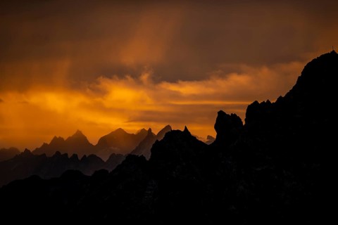 Montafon mountains with dramatic cloudy sky at sunrise, Tschagguns, Rätikon, Montafon, Vorarlberg,
