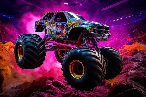 Monster truck with neon lighting, jumping off-road in cloud of dust. Excitement and thrill of an