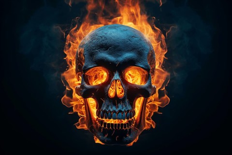 Spooky and scary burning skull on a dark background. Perfect for Halloween or horror-themed