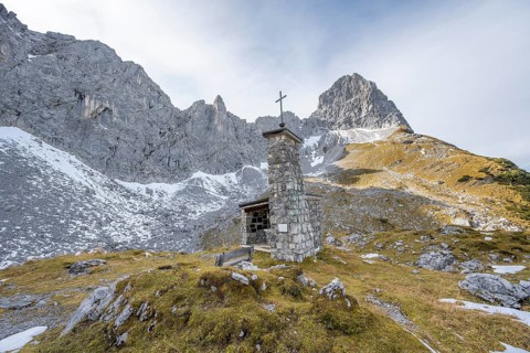 Lamsenjoch Chapel, memorial for mountaineers who died in an accident, in autumn, rocky summit of