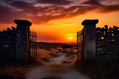 Ruins of a boundary wall standing isolated gates forever open, AI generated