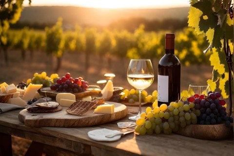AI generated wine tasting table setup with wine and vine grapes nestled subtly amidst a thriving