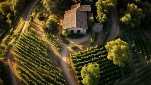 AI generated aerial view of a rustic vineyard cottage nestled amidst lush summer colored vine