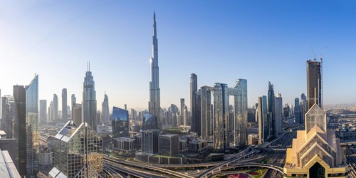 Burj Khalifa skyline tallest building in the world from above panorama in Downtown in Dubai, United