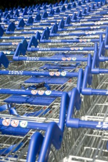 Stacked Tesco shopping trolleys, UK