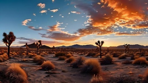 Mojave desert with joshua trees sprinkled in a sunrise, AI generated