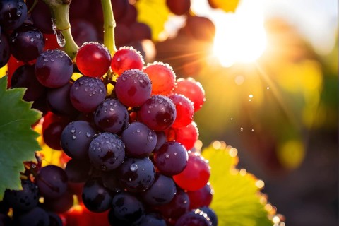 Harvest ready grape bunches with water droplets sparkling in the sunlight, AI generated