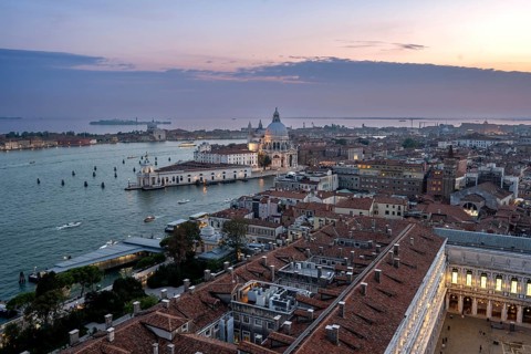 Evening atmosphere, Basilica di Santa Maria della Salute and St Mark's Square, view from the