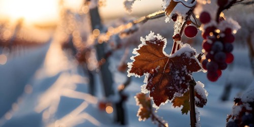 AI generated close up of winter in the vineyard with snow blankets dormant vines and ambient light