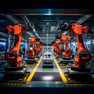 AI generated automotive assembly line in car manufacturing progression with automated machines
