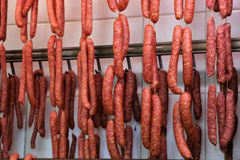 Air-dried sausage in a butcher's shop